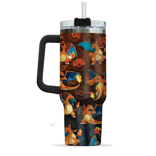 [HIKISTREET] Charizard Pokemon 40oz Tumbler with Handle and Straw, Stainless Steel Vacuum Insulated Cup, Pocket Monster Design, Anime Merch, Anime Tumbler