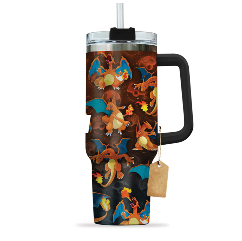 [HIKISTREET] Charizard Pokemon 40oz Tumbler with Handle and Straw, Stainless Steel Vacuum Insulated Cup, Pocket Monster Design, Anime Merch, Anime Tumbler