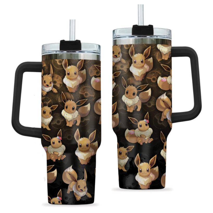 [HIKISTREET] Eevee Pokemon 40oz Tumbler with Handle and Straw, Stainless Steel Vacuum Insulated Cup, Pocket Monster Design, Anime Merch, Anime Tumbler