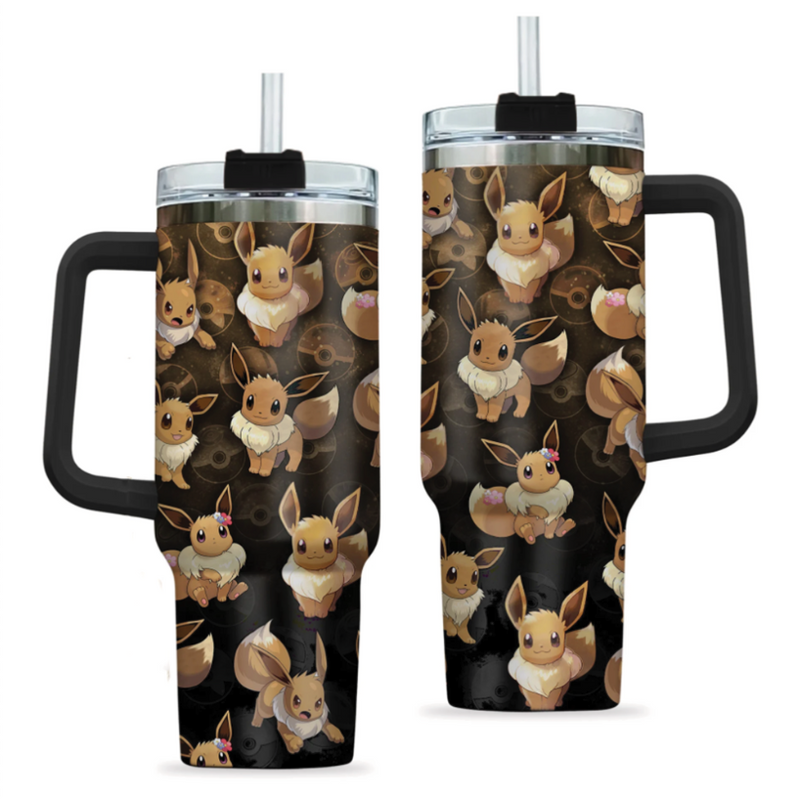 [HIKISTREET] Eevee Pokemon 40oz Tumbler with Handle and Straw, Stainless Steel Vacuum Insulated Cup, Pocket Monster Design, Anime Merch, Anime Tumbler