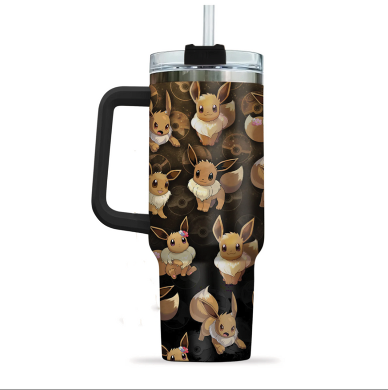 [HIKISTREET] Eevee Pokemon 40oz Tumbler with Handle and Straw, Stainless Steel Vacuum Insulated Cup, Pocket Monster Design, Anime Merch, Anime Tumbler