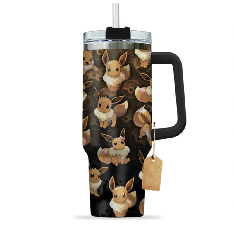 [HIKISTREET] Eevee Pokemon 40oz Tumbler with Handle and Straw, Stainless Steel Vacuum Insulated Cup, Pocket Monster Design, Anime Merch, Anime Tumbler