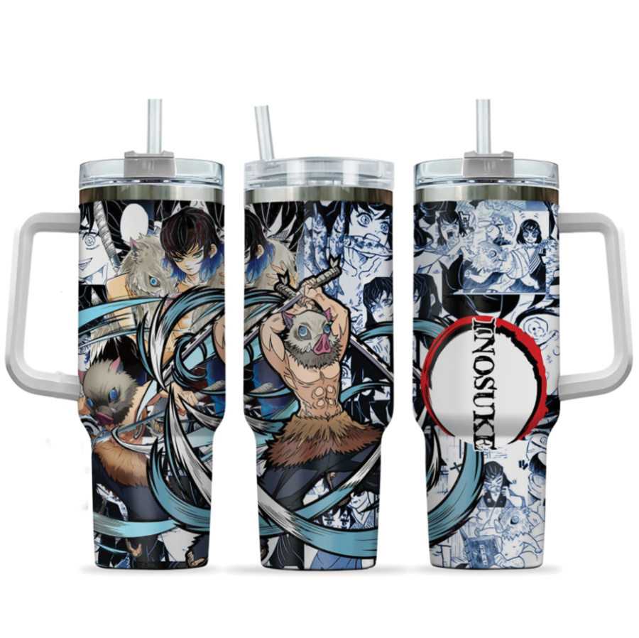 [HIKISTREET] Inosuke Hashibira Demon Slayer 40oz Tumbler with Handle and Straw, Stainless Steel Vacuum Insulated Cup, Demon Slayer Design, Anime Merch, Anime Tumbler