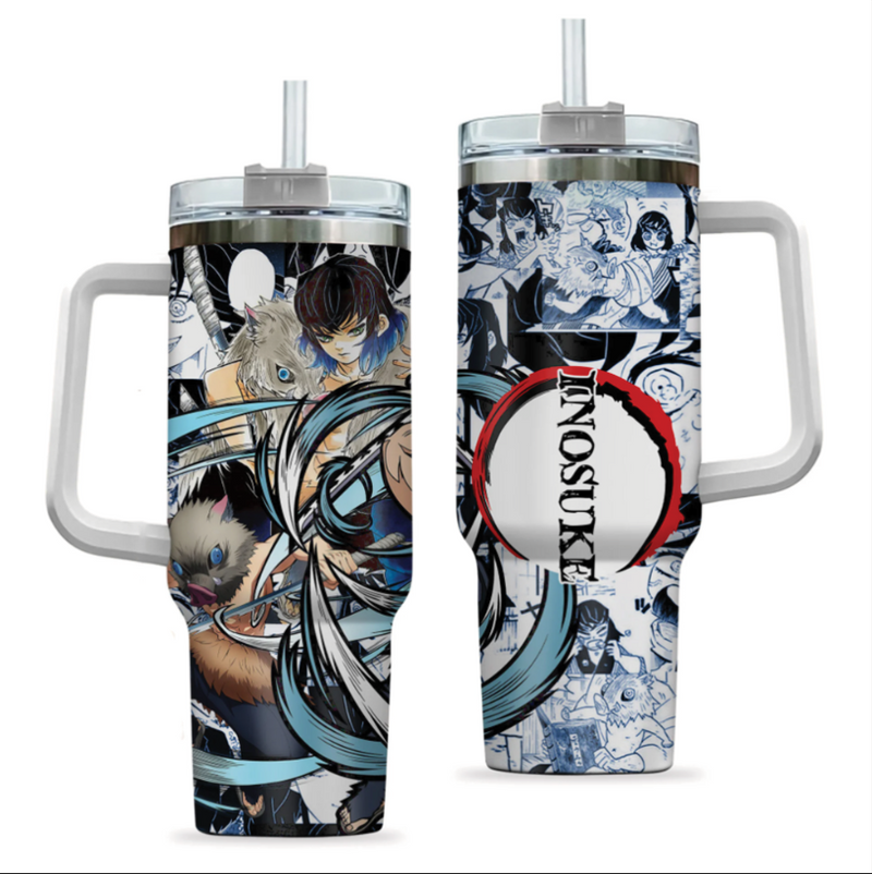 [HIKISTREET] Inosuke Hashibira Demon Slayer 40oz Tumbler with Handle and Straw, Stainless Steel Vacuum Insulated Cup, Demon Slayer Design, Anime Merch, Anime Tumbler