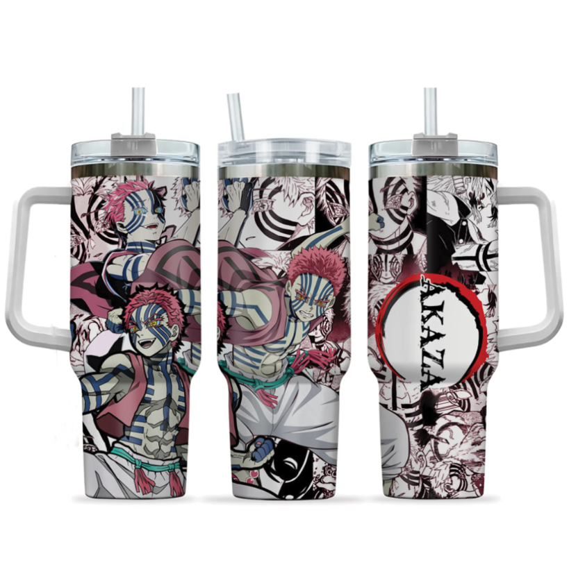 [HIKISTREET] Akaza Demon Slayer 40oz Tumbler with Handle and Straw, Stainless Steel Vacuum Insulated Cup, Demon Slayer Design, Anime Merch, Anime Tumbler