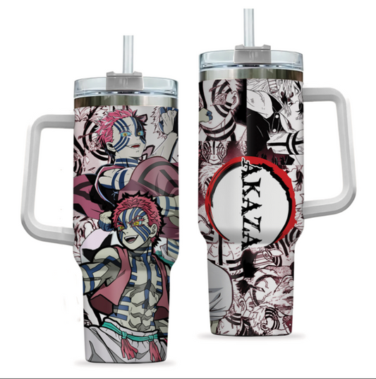 [HIKISTREET] Akaza Demon Slayer 40oz Tumbler with Handle and Straw, Stainless Steel Vacuum Insulated Cup, Demon Slayer Design, Anime Merch, Anime Tumbler