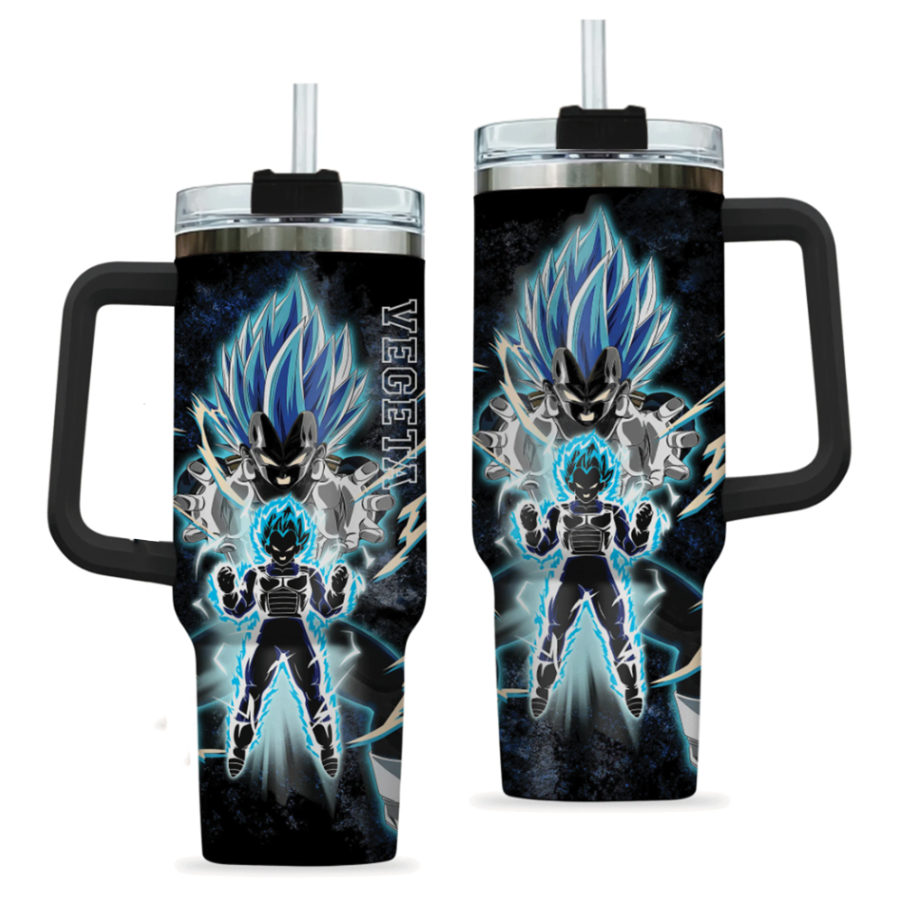 [HIKISTREET] Vegeta SSJ Blue Dragon Ball 40oz Tumbler with Handle and Straw, Stainless Steel Vacuum Insulated Cup, Dragon Ball Design, Anime Merch, Anime Tumbler