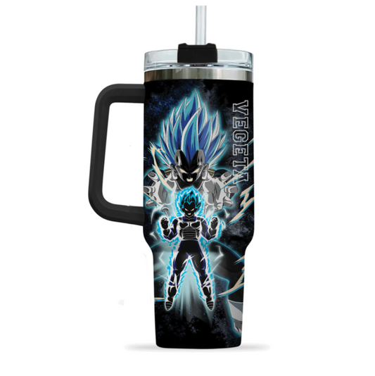 [HIKISTREET] Vegeta SSJ Blue Dragon Ball 40oz Tumbler with Handle and Straw, Stainless Steel Vacuum Insulated Cup, Dragon Ball Design, Anime Merch, Anime Tumbler