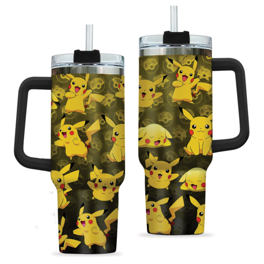 [HIKISTREET] Pikachu Pokemon 40oz Tumbler with Handle and Straw, Stainless Steel Vacuum Insulated Cup, Pocket Monster Design, Anime Merch, Anime Tumbler