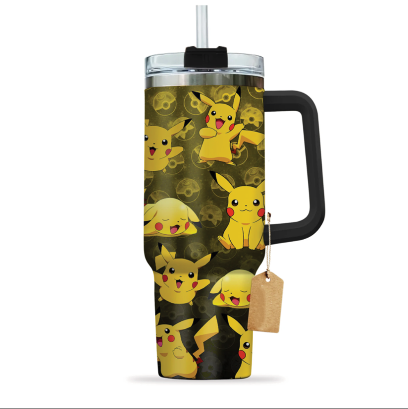 [HIKISTREET] Pikachu Pokemon 40oz Tumbler with Handle and Straw, Stainless Steel Vacuum Insulated Cup, Pocket Monster Design, Anime Merch, Anime Tumbler