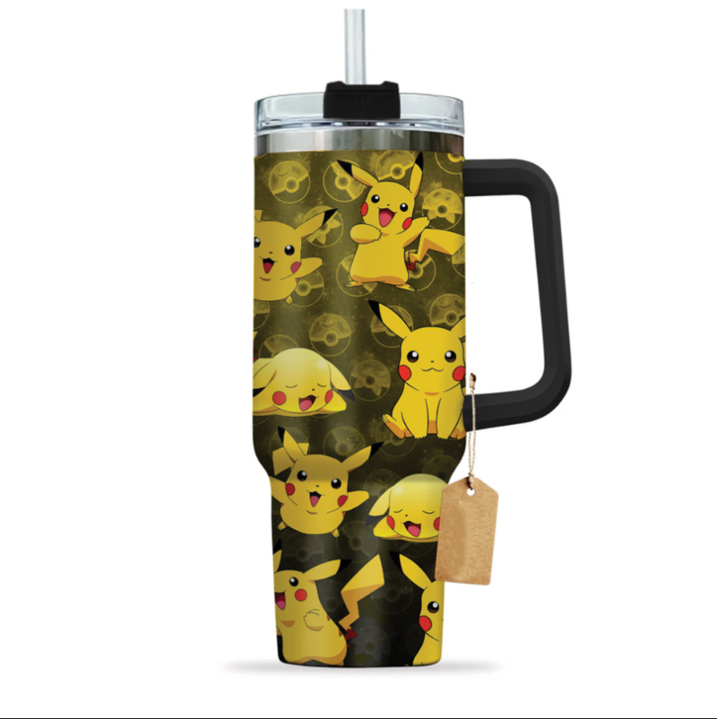 [HIKISTREET] Pikachu Pokemon 40oz Tumbler with Handle and Straw, Stainless Steel Vacuum Insulated Cup, Pocket Monster Design, Anime Merch, Anime Tumbler
