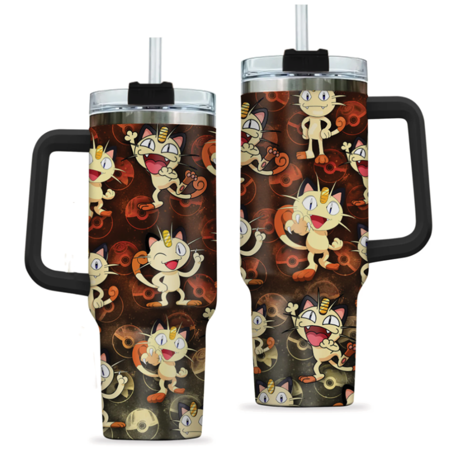 [HIKISTREET] Meowth Pokemon 40oz Tumbler with Handle and Straw, Stainless Steel Vacuum Insulated Cup, Pocket Monster Design, Anime Merch, Anime Tumbler