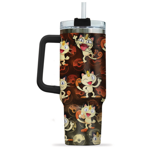 [HIKISTREET] Meowth Pokemon 40oz Tumbler with Handle and Straw, Stainless Steel Vacuum Insulated Cup, Pocket Monster Design, Anime Merch, Anime Tumbler