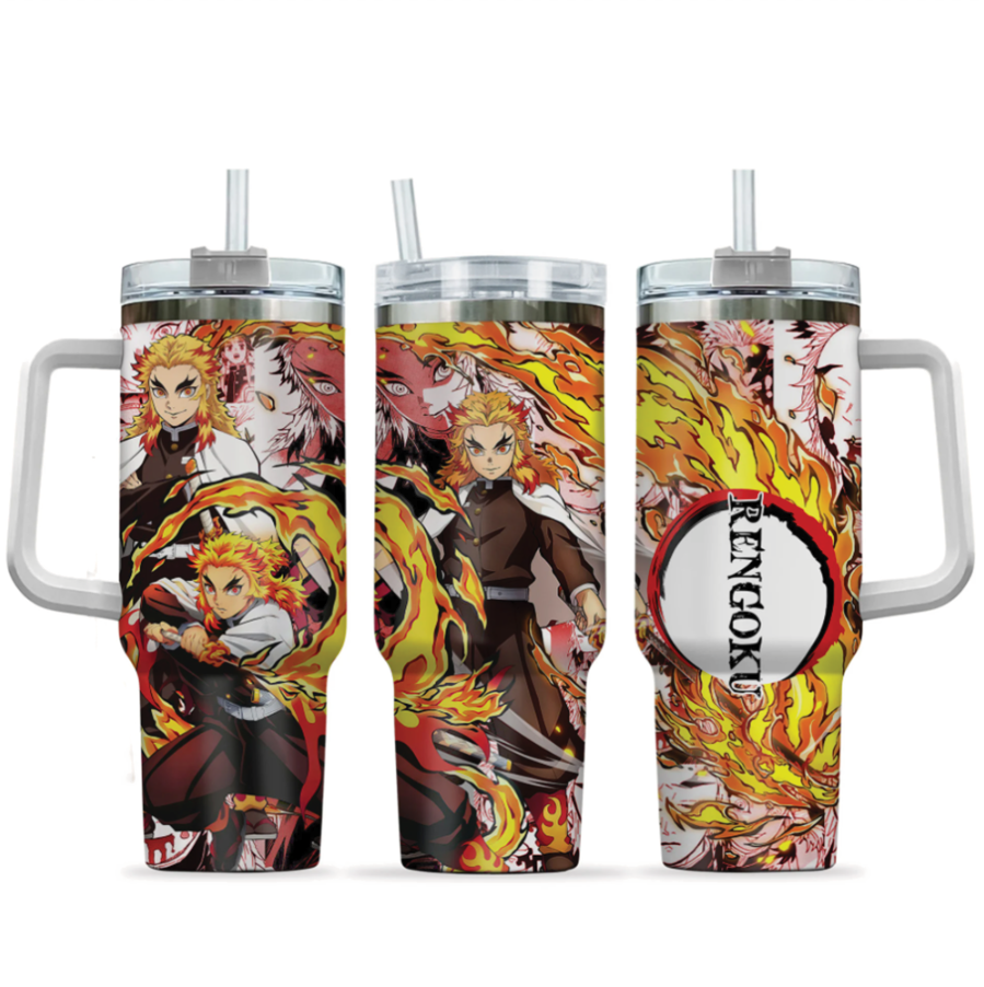 [HIKISTREET] Kyojuro Rengoku Demon Slayer 40oz Tumbler with Handle and Straw, Stainless Steel Vacuum Insulated Cup, Demon Slayer Design, Anime Merch, Anime Tumbler