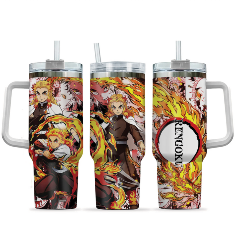 [HIKISTREET] Kyojuro Rengoku Demon Slayer 40oz Tumbler with Handle and Straw, Stainless Steel Vacuum Insulated Cup, Demon Slayer Design, Anime Merch, Anime Tumbler