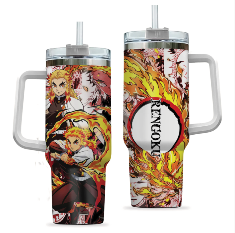 [HIKISTREET] Kyojuro Rengoku Demon Slayer 40oz Tumbler with Handle and Straw, Stainless Steel Vacuum Insulated Cup, Demon Slayer Design, Anime Merch, Anime Tumbler