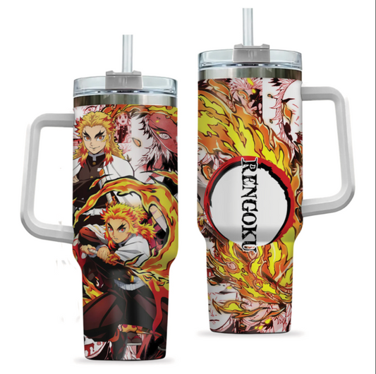 [HIKISTREET] Kyojuro Rengoku Demon Slayer 40oz Tumbler with Handle and Straw, Stainless Steel Vacuum Insulated Cup, Demon Slayer Design, Anime Merch, Anime Tumbler