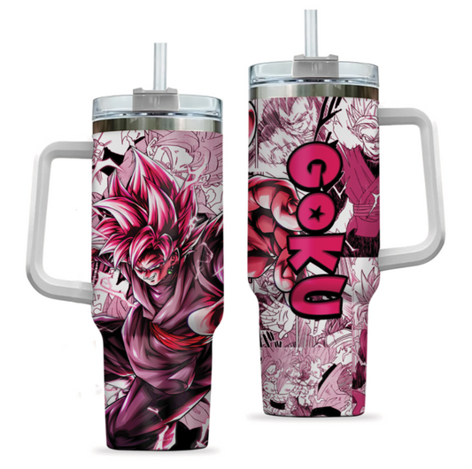 [HIKISTREET] Black Goku Dragon Ball 40oz Tumbler with Handle and Straw, Stainless Steel Vacuum Insulated Cup, Dragon Ball Design, Anime Merch, Anime Tumbler