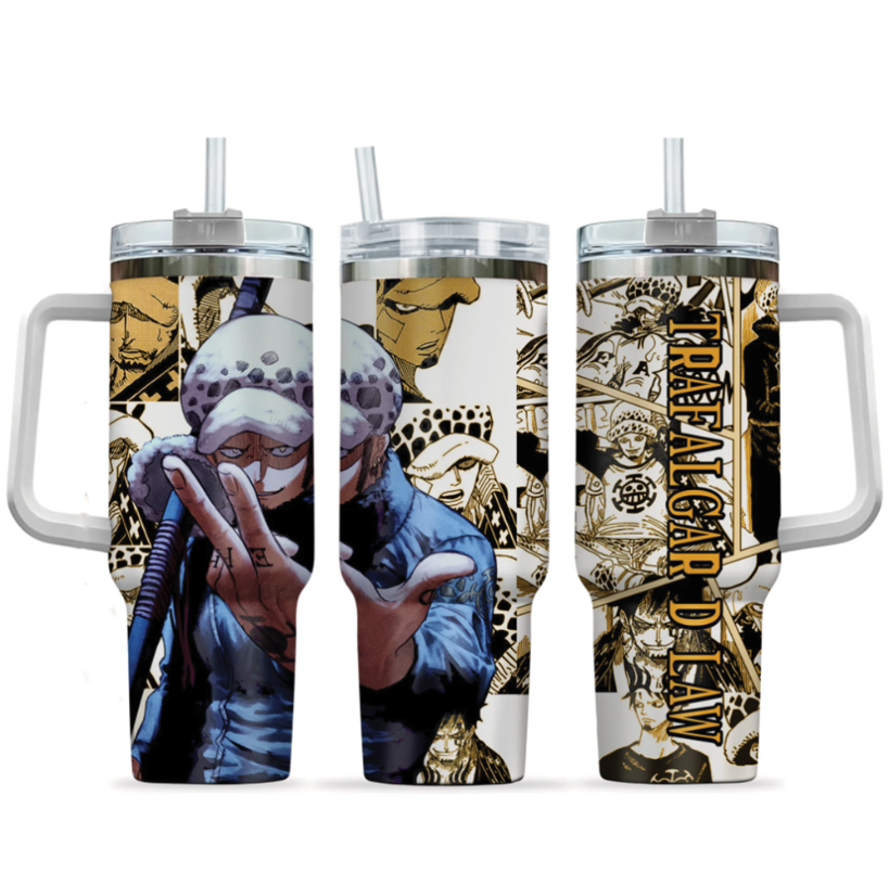 [HIKISTREET] Trafalgar D Law One Piece 40oz Tumbler with Handle and Straw, Stainless Steel Vacuum Insulated Cup, One Piece Design, Anime Merch, Anime Tumbler