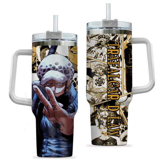 [HIKISTREET] Trafalgar D Law One Piece 40oz Tumbler with Handle and Straw, Stainless Steel Vacuum Insulated Cup, One Piece Design, Anime Merch, Anime Tumbler