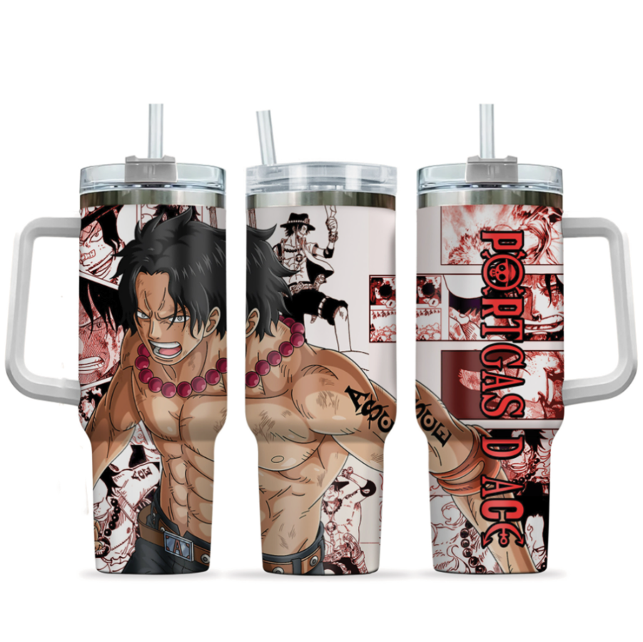 [HIKISTREET] Portgas D Ace One Piece 40oz Tumbler with Handle and Straw, Stainless Steel Vacuum Insulated Cup, One Piece Design, Anime Merch, Anime Tumbler