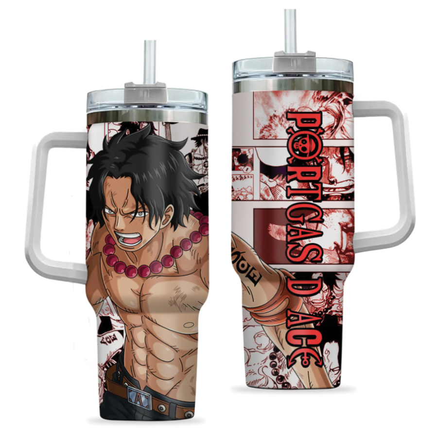[HIKISTREET] Portgas D Ace One Piece 40oz Tumbler with Handle and Straw, Stainless Steel Vacuum Insulated Cup, One Piece Design, Anime Merch, Anime Tumbler