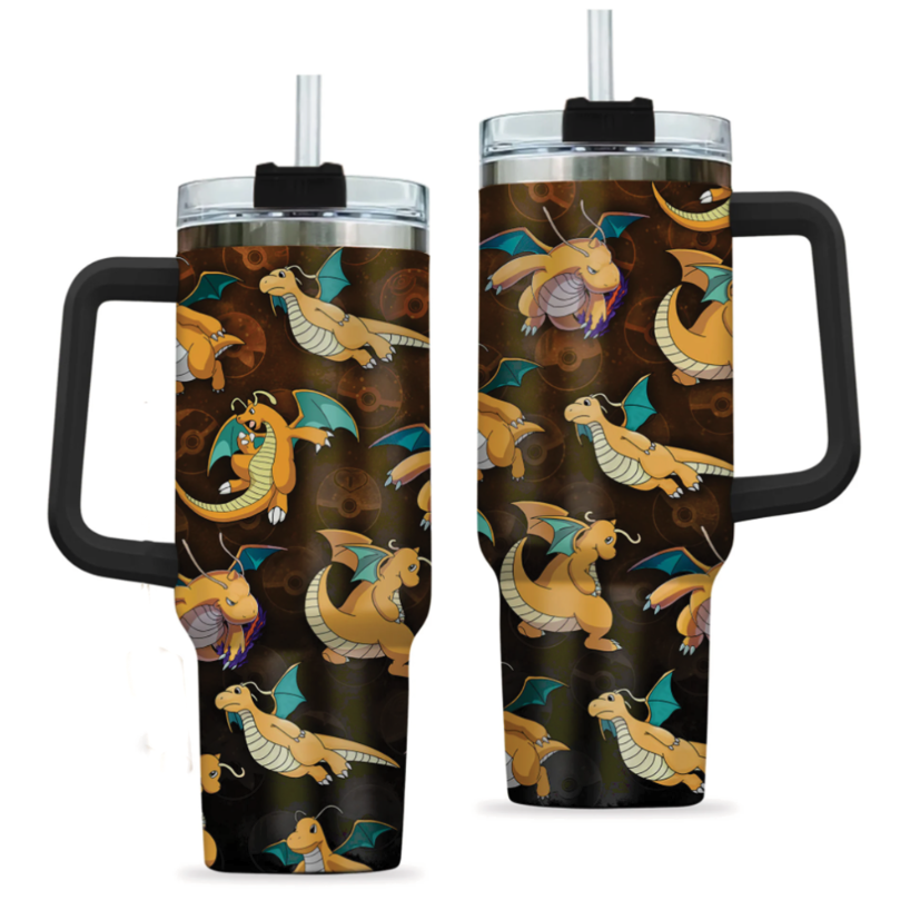 [HIKISTREET] Dragonite Pokemon 40oz Tumbler with Handle and Straw, Stainless Steel Vacuum Insulated Cup, Pocket Monster Design, Anime Merch, Anime Tumbler