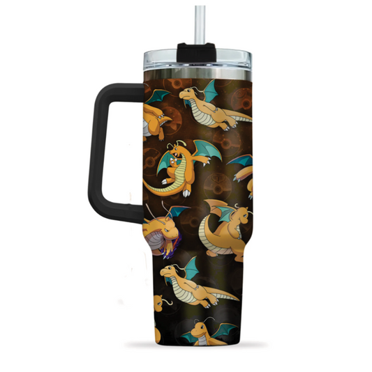 [HIKISTREET] Dragonite Pokemon 40oz Tumbler with Handle and Straw, Stainless Steel Vacuum Insulated Cup, Pocket Monster Design, Anime Merch, Anime Tumbler