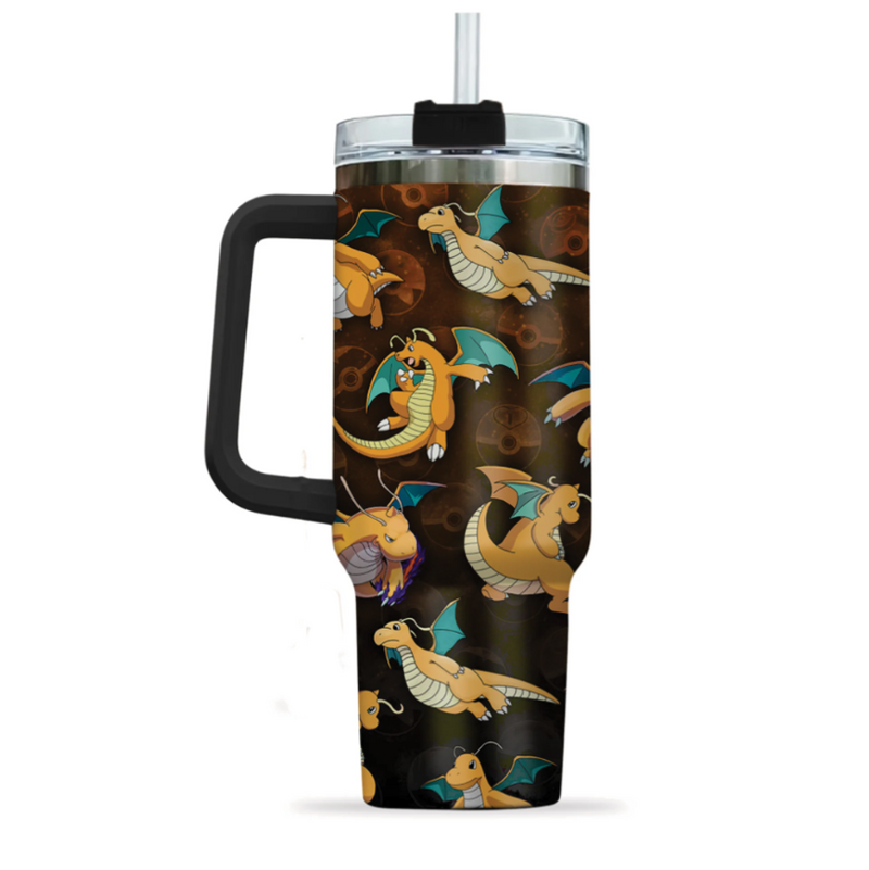 [HIKISTREET] Dragonite Pokemon 40oz Tumbler with Handle and Straw, Stainless Steel Vacuum Insulated Cup, Pocket Monster Design, Anime Merch, Anime Tumbler
