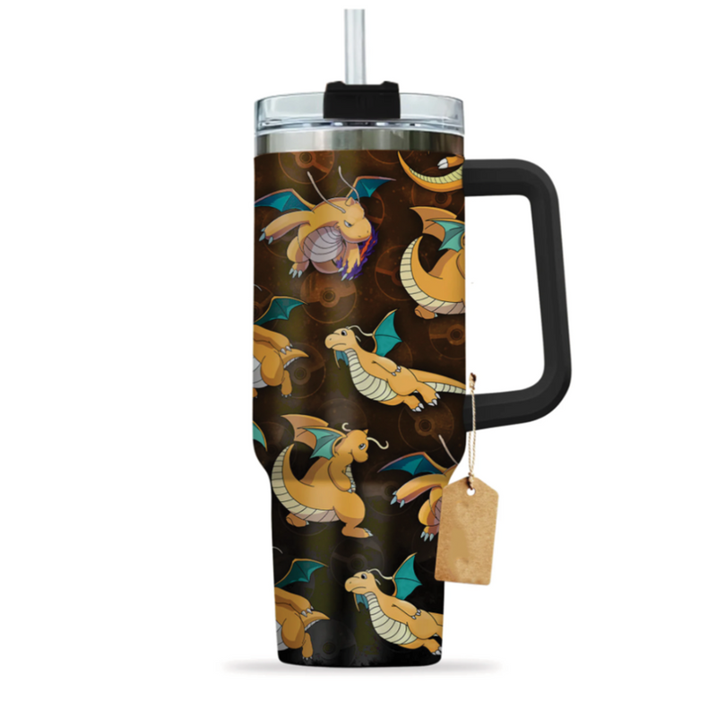 [HIKISTREET] Dragonite Pokemon 40oz Tumbler with Handle and Straw, Stainless Steel Vacuum Insulated Cup, Pocket Monster Design, Anime Merch, Anime Tumbler
