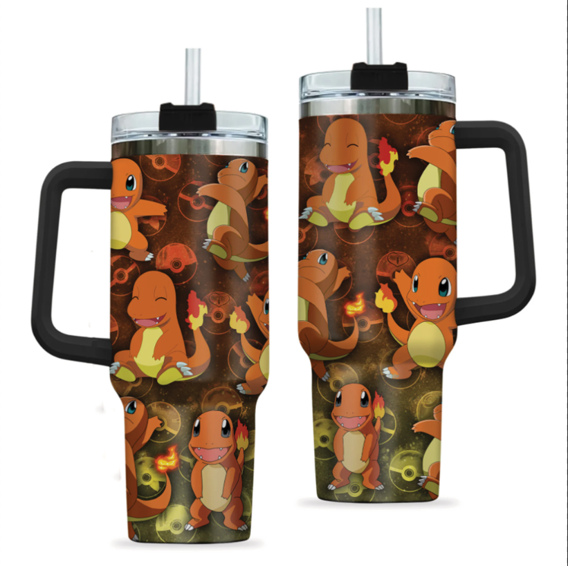 [HIKISTREET] Charmander Pokemon 40oz Tumbler with Handle and Straw, Stainless Steel Vacuum Insulated Cup, Pocket Monster Design, Anime Merch, Anime Tumbler