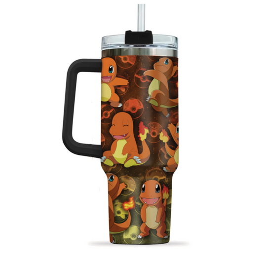 [HIKISTREET] Charmander Pokemon 40oz Tumbler with Handle and Straw, Stainless Steel Vacuum Insulated Cup, Pocket Monster Design, Anime Merch, Anime Tumbler