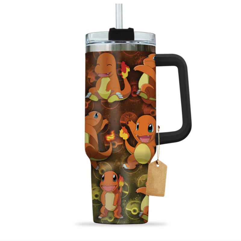 [HIKISTREET] Charmander Pokemon 40oz Tumbler with Handle and Straw, Stainless Steel Vacuum Insulated Cup, Pocket Monster Design, Anime Merch, Anime Tumbler