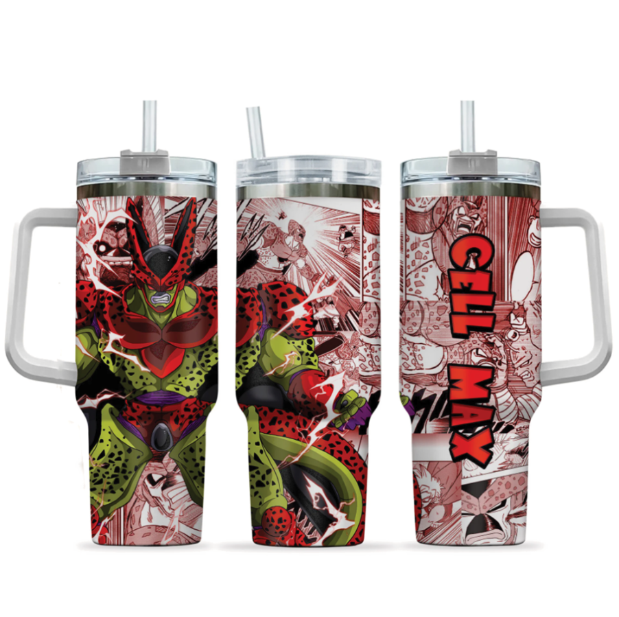 [HIKISTREET] Cell Max Dragon Ball 40oz Tumbler with Handle and Straw, Stainless Steel Vacuum Insulated Cup, Dragon Ball Design, Anime Merch, Anime Tumbler