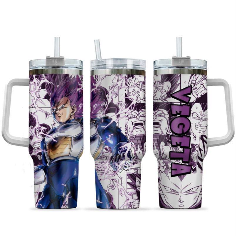 [HIKISTREET] Vegeta Ultra Ego Dragon Ball 40oz Tumbler with Handle and Straw, Stainless Steel Vacuum Insulated Cup, Dragon Ball Design, Anime Merch, Anime Tumbler
