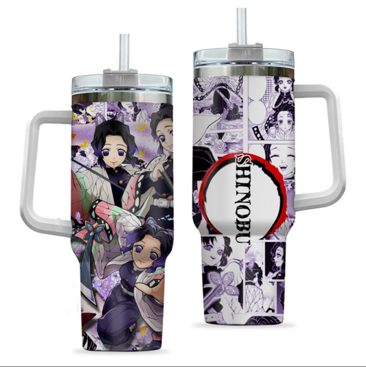 [HIKISTREET] Shinobu Kocho Demon Slayer 40oz Tumbler with Handle and Straw, Stainless Steel Vacuum Insulated Cup, Demon Slayer Design, Anime Merch, Anime Tumbler