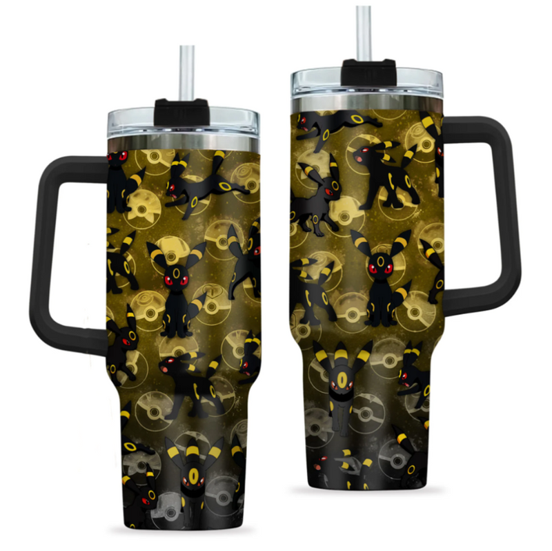 [HIKISTREET] Umbreon Pokemon 40oz Tumbler with Handle and Straw, Stainless Steel Vacuum Insulated Cup, Pocket Monster Design, Anime Merch, Anime Tumbler