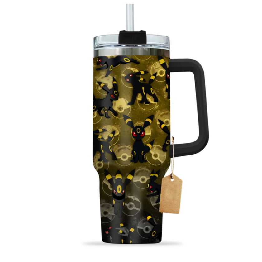[HIKISTREET] Umbreon Pokemon 40oz Tumbler with Handle and Straw, Stainless Steel Vacuum Insulated Cup, Pocket Monster Design, Anime Merch, Anime Tumbler