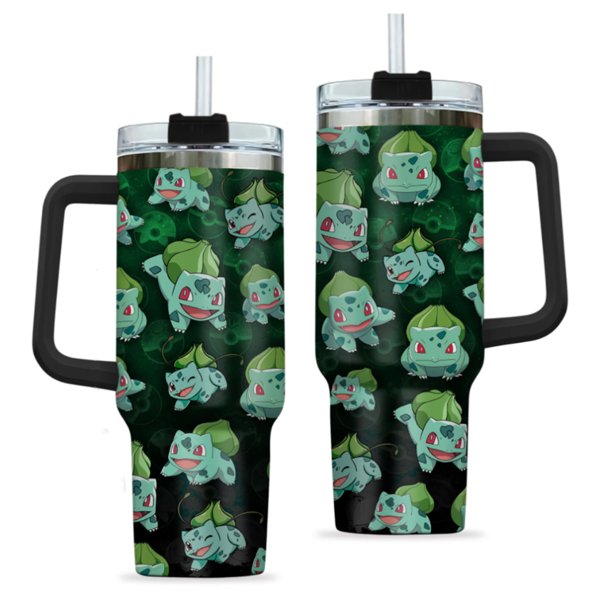[HIKISTREET] Bulbasaur Pokemon 40oz Tumbler with Handle and Straw, Stainless Steel Vacuum Insulated Cup, Pocket Monster Design, Anime Merch, Anime Tumbler