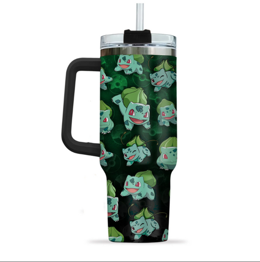 [HIKISTREET] Bulbasaur Pokemon 40oz Tumbler with Handle and Straw, Stainless Steel Vacuum Insulated Cup, Pocket Monster Design, Anime Merch, Anime Tumbler