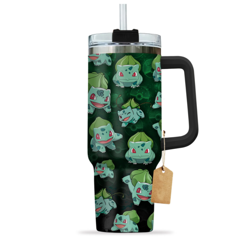 [HIKISTREET] Bulbasaur Pokemon 40oz Tumbler with Handle and Straw, Stainless Steel Vacuum Insulated Cup, Pocket Monster Design, Anime Merch, Anime Tumbler