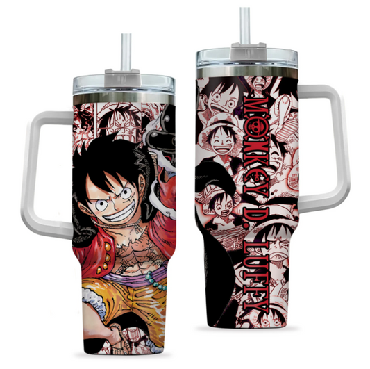[HIKISTREET] Monkey D Luffy One Piece 40oz Tumbler with Handle and Straw, Stainless Steel Vacuum Insulated Cup, One Piece Design, Anime Merch, Anime Tumbler