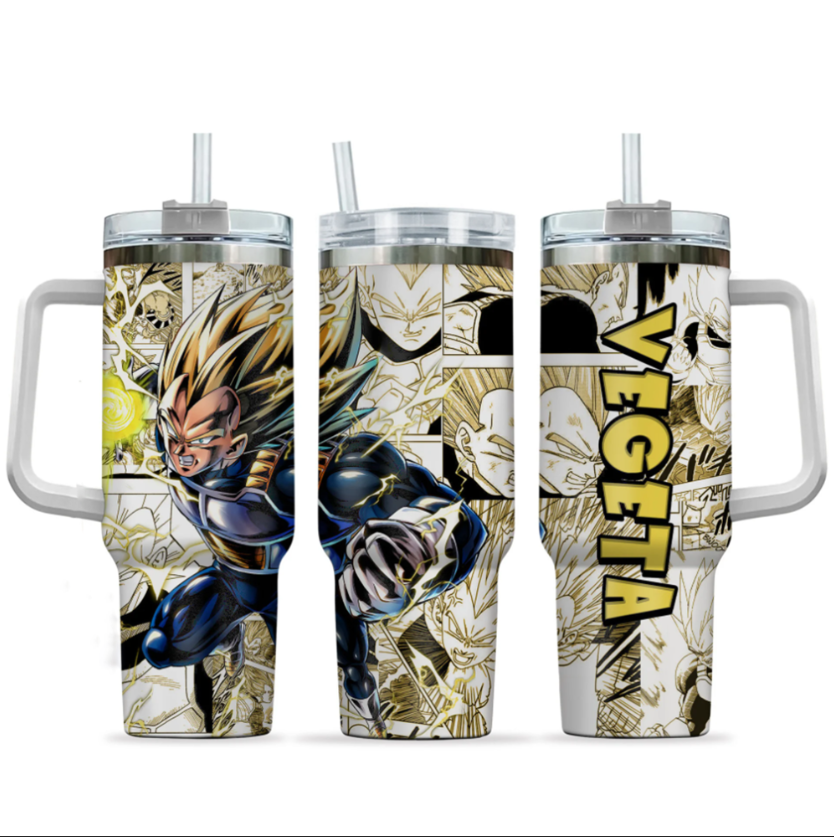 [HIKISTREET] Vegeta Super Saiyan 2 Dragon Ball 40oz Tumbler with Handle and Straw, Stainless Steel Vacuum Insulated Cup, Dragon Ball Design, Anime Merch, Anime Tumbler