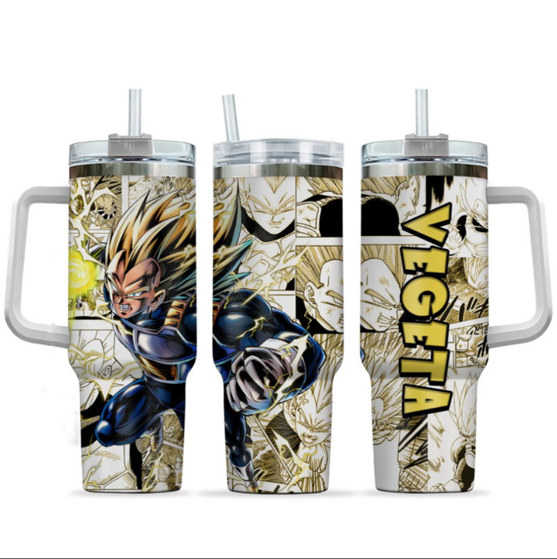 [HIKISTREET] Vegeta Super Saiyan 2 Dragon Ball 40oz Tumbler with Handle and Straw, Stainless Steel Vacuum Insulated Cup, Dragon Ball Design, Anime Merch, Anime Tumbler