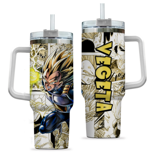 [HIKISTREET] Vegeta Super Saiyan 2 Dragon Ball 40oz Tumbler with Handle and Straw, Stainless Steel Vacuum Insulated Cup, Dragon Ball Design, Anime Merch, Anime Tumbler