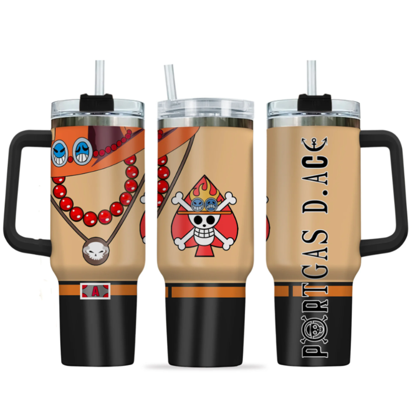 [HIKISTREET] Portgas D. Ace One Piece 40oz Tumbler with Handle and Straw, Stainless Steel Vacuum Insulated Cup, One Piece Design, Anime Merch, Anime Tumbler