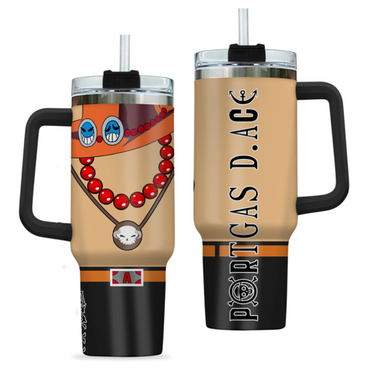 [HIKISTREET] Portgas D. Ace One Piece 40oz Tumbler with Handle and Straw, Stainless Steel Vacuum Insulated Cup, One Piece Design, Anime Merch, Anime Tumbler