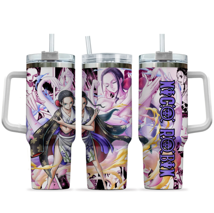 [HIKISTREET] Nico Robin One Piece 40oz Tumbler with Handle and Straw, Stainless Steel Vacuum Insulated Cup, One Piece Design, Anime Merch, Anime Tumbler