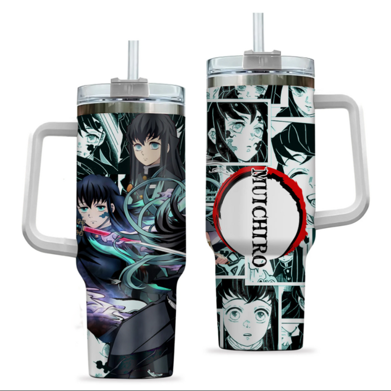 [HIKISTREET] Muichiro Tokito Demon Slayer 40oz Tumbler with Handle and Straw, Stainless Steel Vacuum Insulated Cup, Demon Slayer Design, Anime Merch, Anime Tumbler