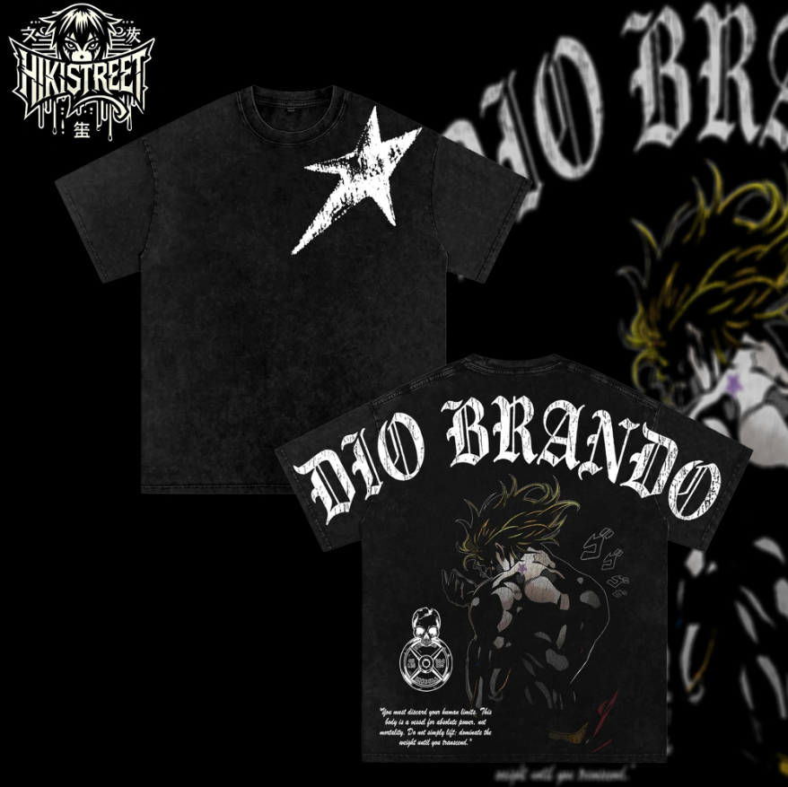 [HIKISTREET] Vintage Dio Brando Acid Washed T-Shirt, JoJo's Bizarre Adventure Merch, Anime Washed Oversized Tee, Aesthetic Anime Streetwear Gift